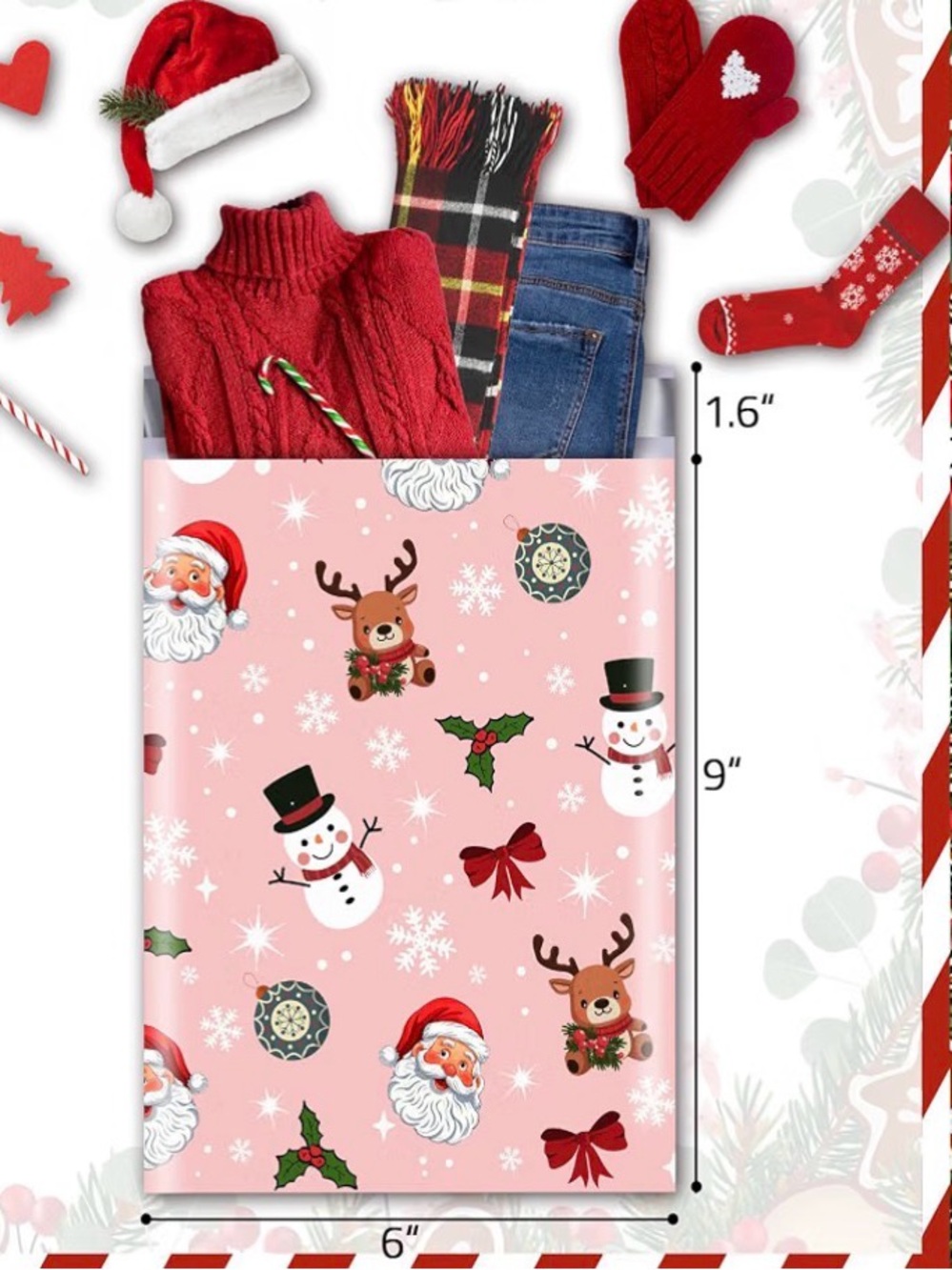 (20) Pink Holiday Polymailer Bags with Santa, Snowmen & Reindeer 6”x9” - Picture 15 of 16